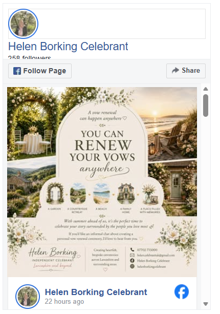 Helen Borking lancashire Celebrant Facebook Page