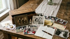 Planning funeral wishes with photos and memory box on table – funeral planning and end of life wishes